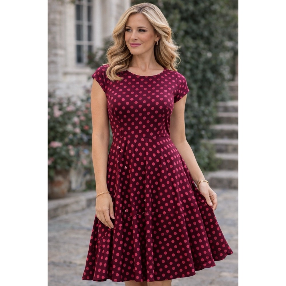 Eva Mendes Polka Dot Dress Women 6 Retro Pin-Up Fit & Flare Burgundy Pink Midi